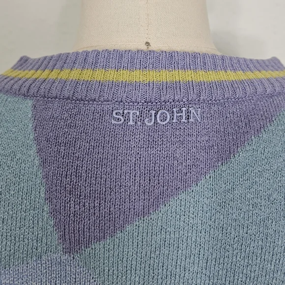St John Sport Santana Knit Vintage Geometric Pastel V-Neck Sweater S - Picture 6 of 10